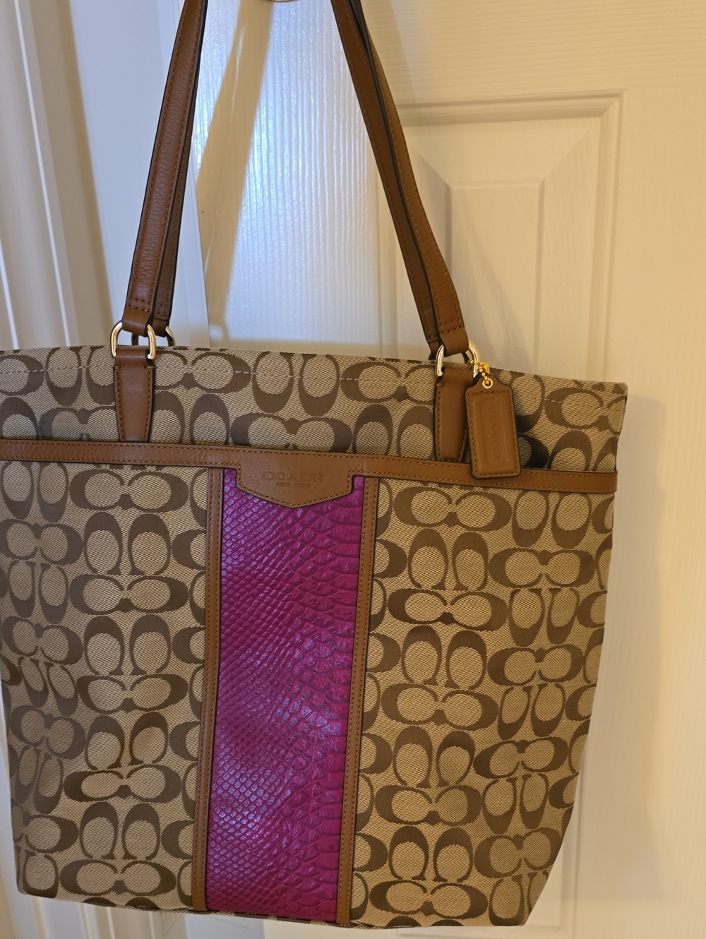 Coach Tan Signature Canvas Tote with Pink Center Panel